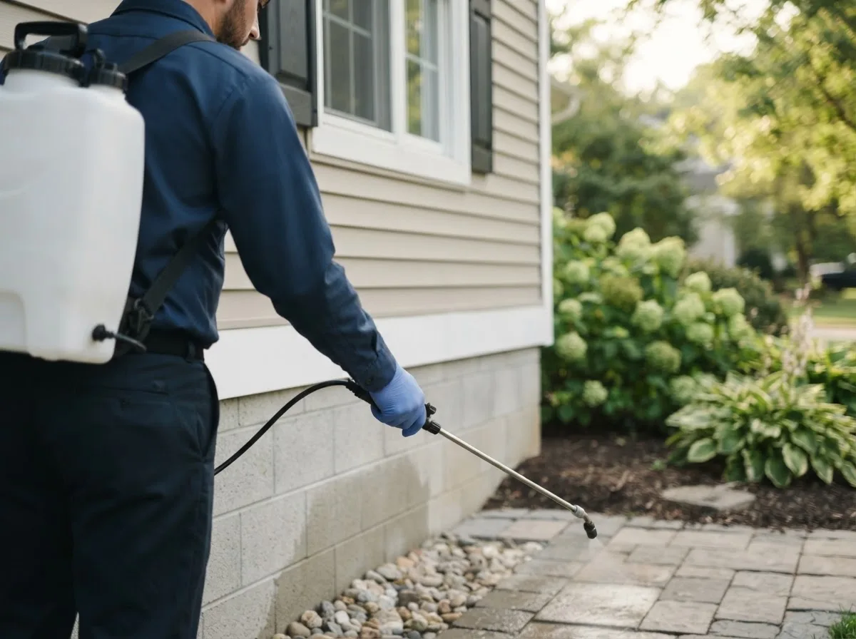 Pest control technician inspecting a home in Harrisville, PA